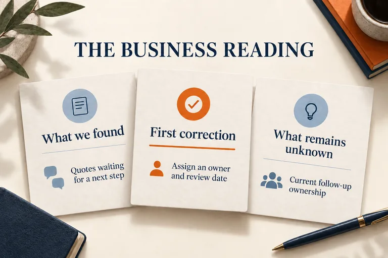 Business reading connects a finding, an assigned first correction, and an unresolved ownership question. This conceptual graphic explains the reading; it is not a screenshot of the application's actual report layout.