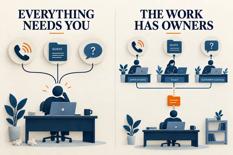 Calls, quotes and questions converge on one owner, contrasted with assigned responsibility and exceptions returning to the owner.