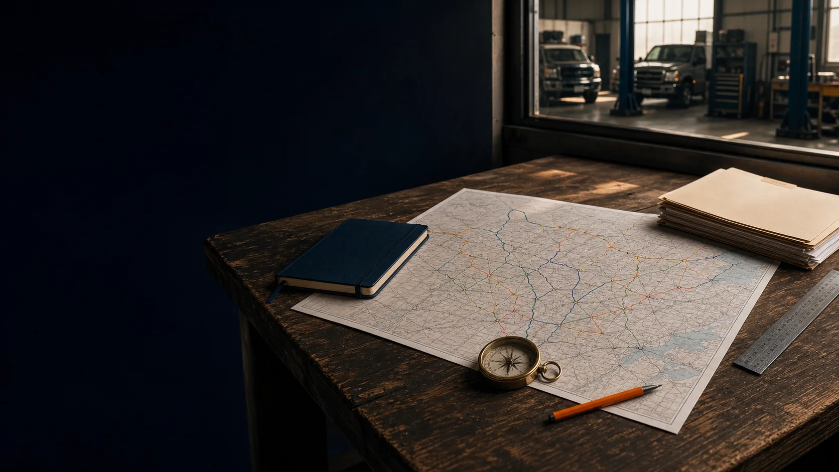 Route map, compass, and job folders in an organized service-business operations room.