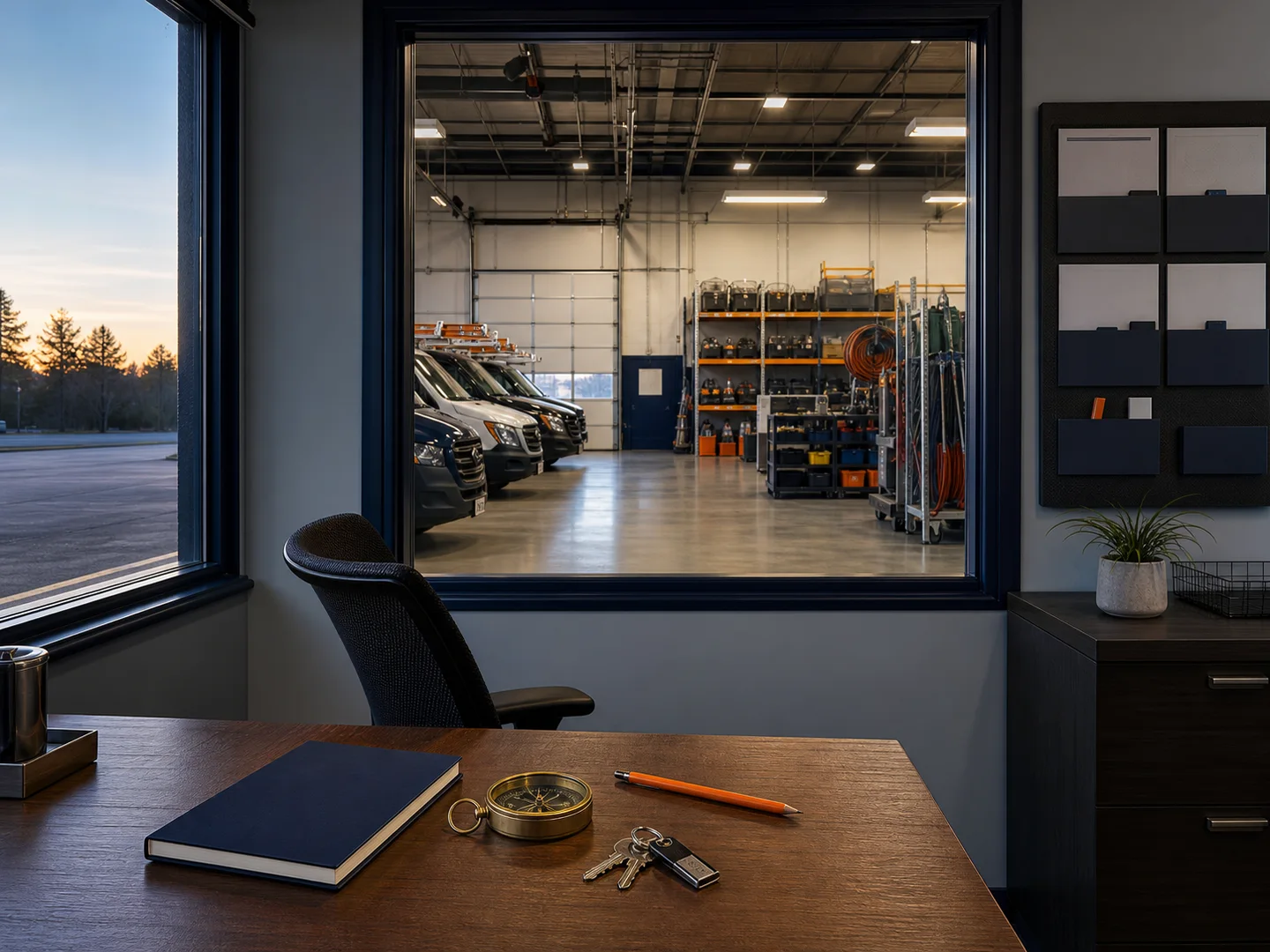 An organized service-business office overlooking a ready workshop at dawn.