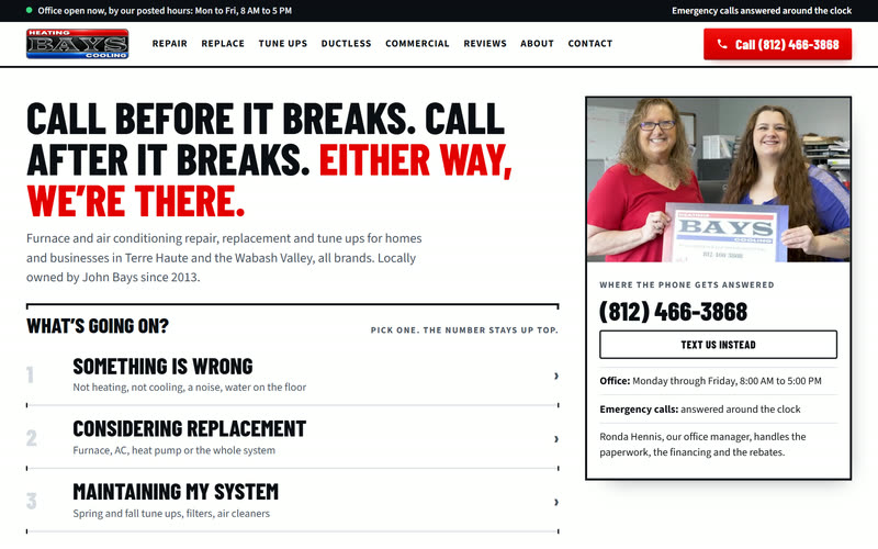 Bays Heating & Cooling, home page on a desktop