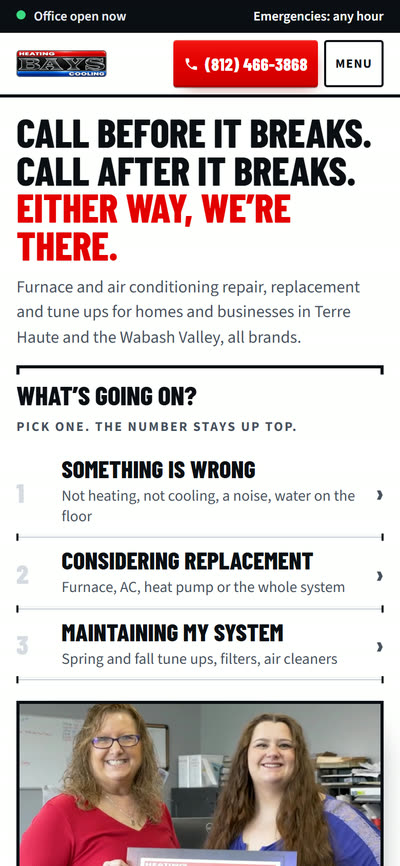 Bays Heating & Cooling, home page on a phone