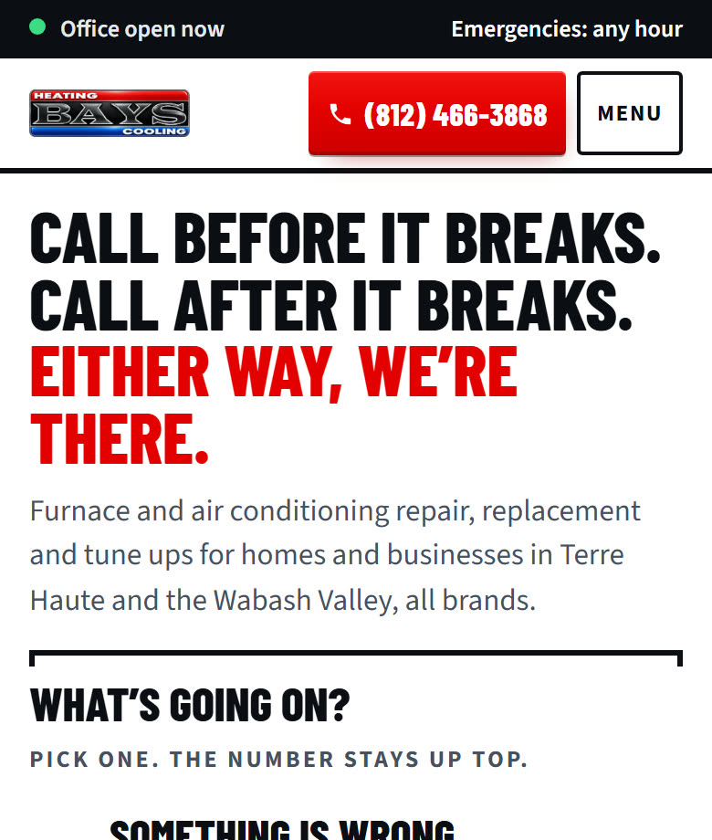 Bays Heating & Cooling, home page on a phone