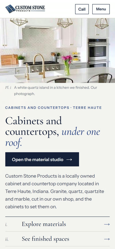 Custom Stone Products, home page on a phone
