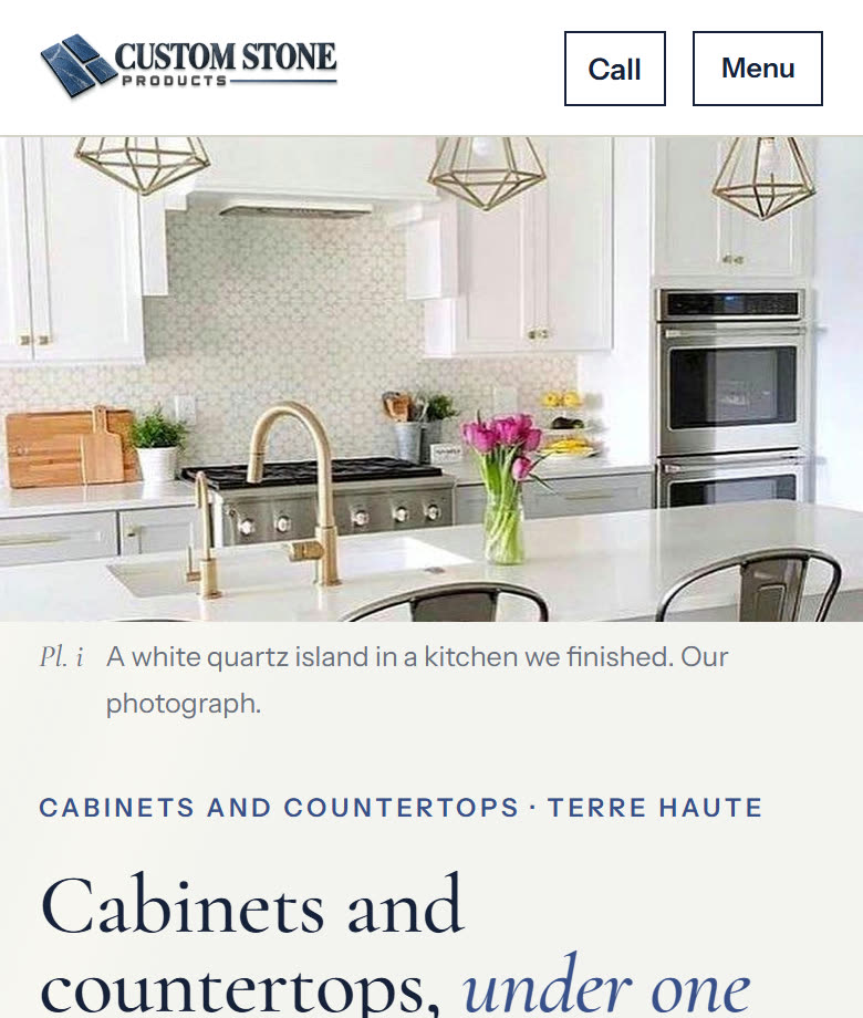 Custom Stone Products, home page on a phone