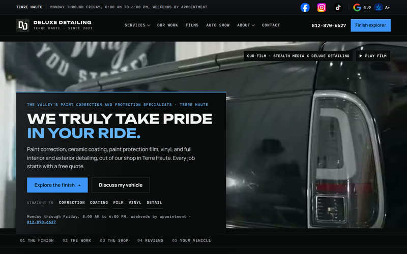 Deluxe Detailing, home page on a desktop