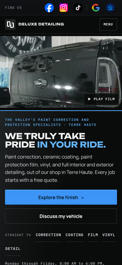 Deluxe Detailing, home page on a phone
