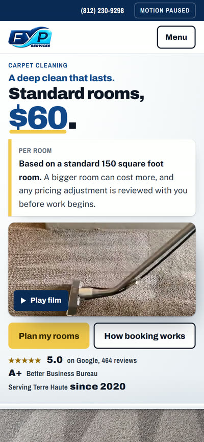 FYP Carpet Cleaning and Air Ducts, home page on a phone