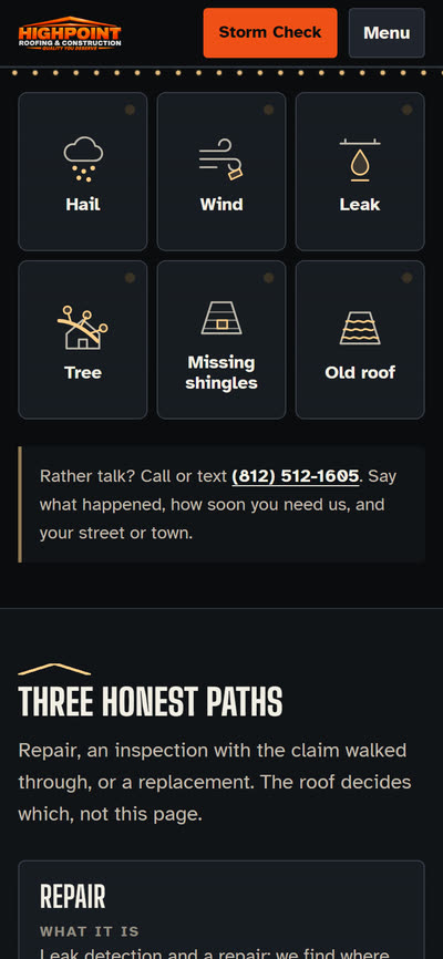 Highpoint Roofing & Construction, The Storm Check on a phone