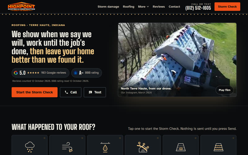 Highpoint Roofing & Construction, home page on a desktop