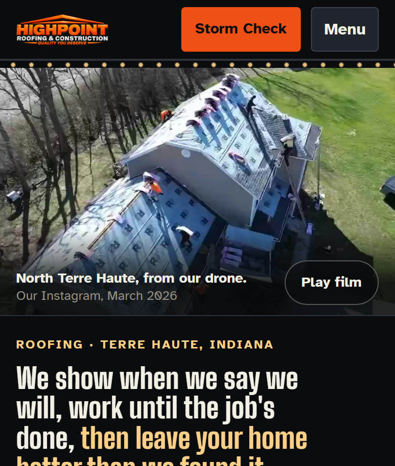 Highpoint Roofing & Construction, home page on a phone