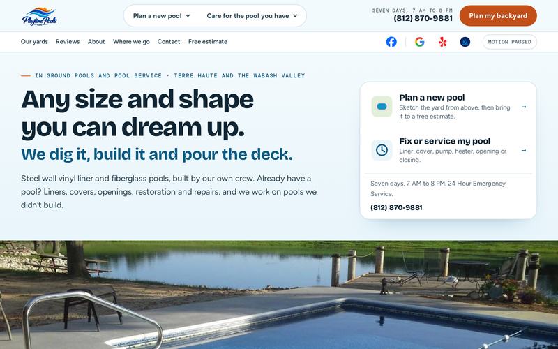 Playtime Pools, home page on a desktop
