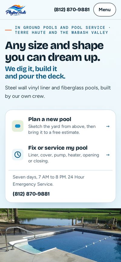 Playtime Pools, home page on a phone