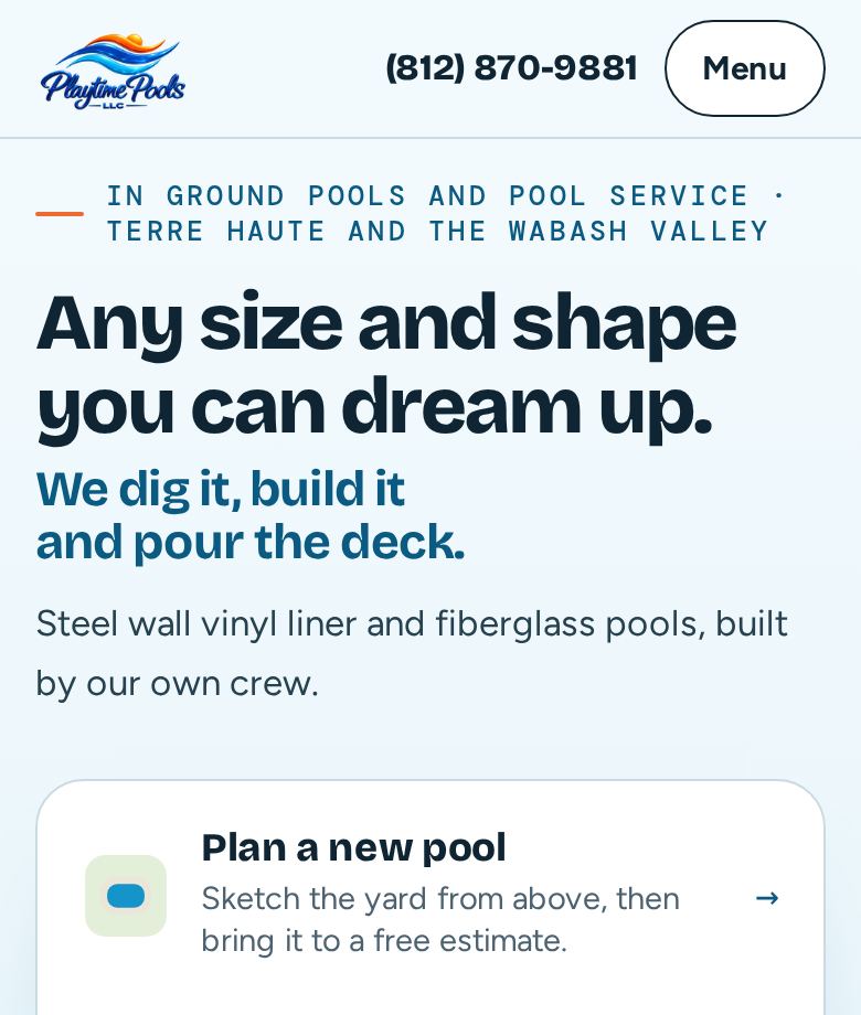 Playtime Pools, home page on a phone