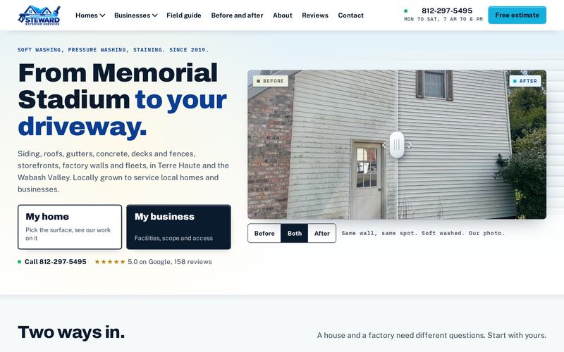 Steward Soft and Pressure Washing, home page on a desktop
