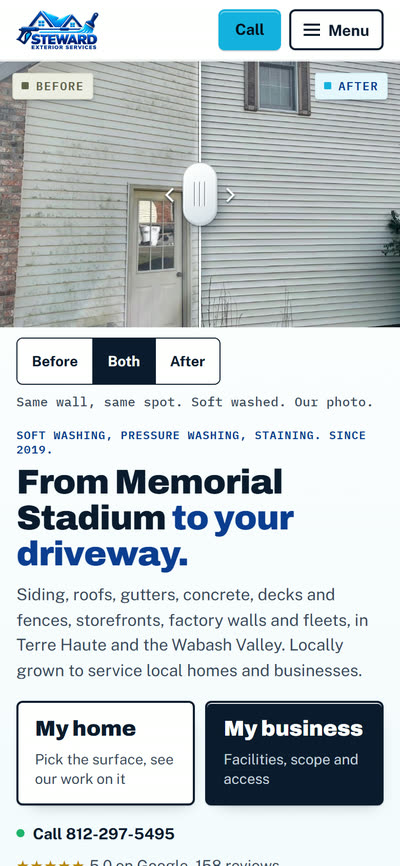 Steward Soft and Pressure Washing, home page on a phone